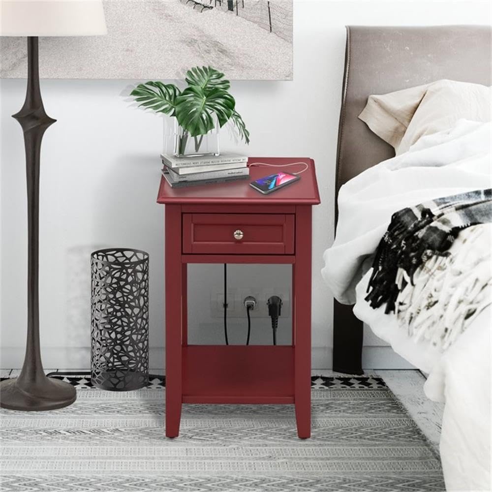 East West Furniture DE-13-ET Denison Night Stand - Rectangle Modern End Table with a Drawer for Bedroom, 24x19 Inch, Burgundy